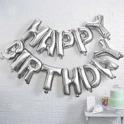 Bokstavsballonger - Happy Birthday, Silver, Silver