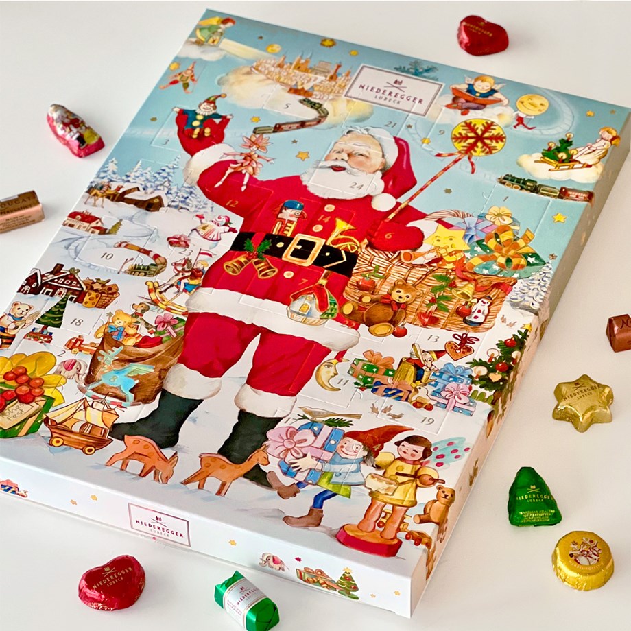 Niederegger kalender - marsipan och nougat, tomte  Bluebox.se